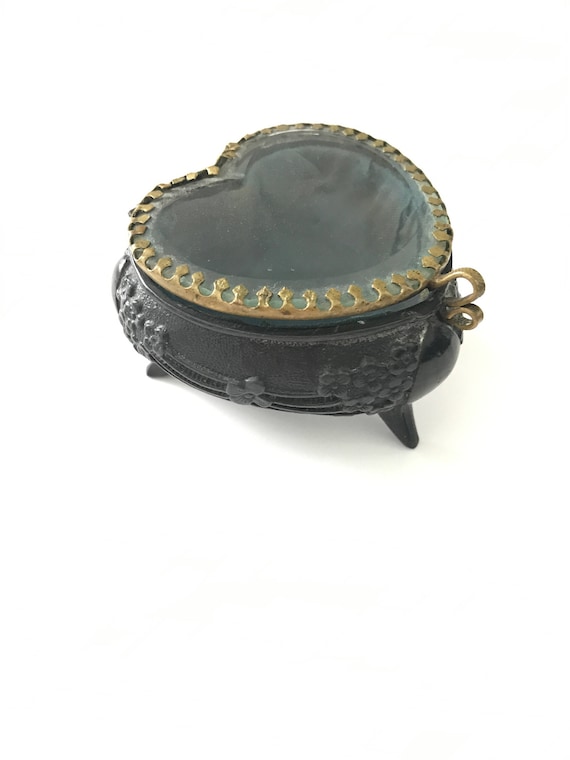 Antique French Beveled Glass Heart Casket Jewelry 