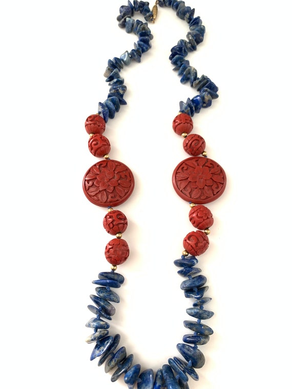Vintage Beaded Blue Chip Red Cinnabar Necklace - image 4