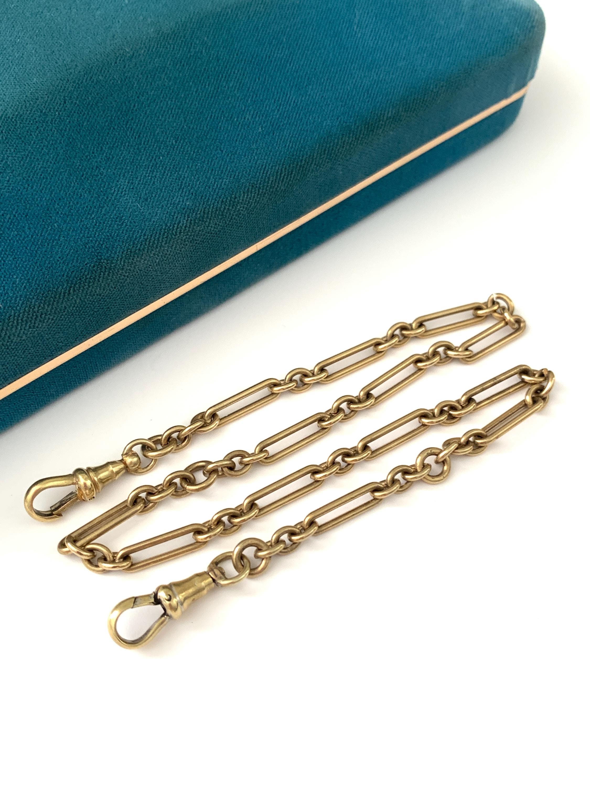 Antique Victorian 15" Dark Green Gold Filled Trombone Link Pocket Watch Chain Necklace, Vintage Double Albert Pocket Watch Chain or Necklace