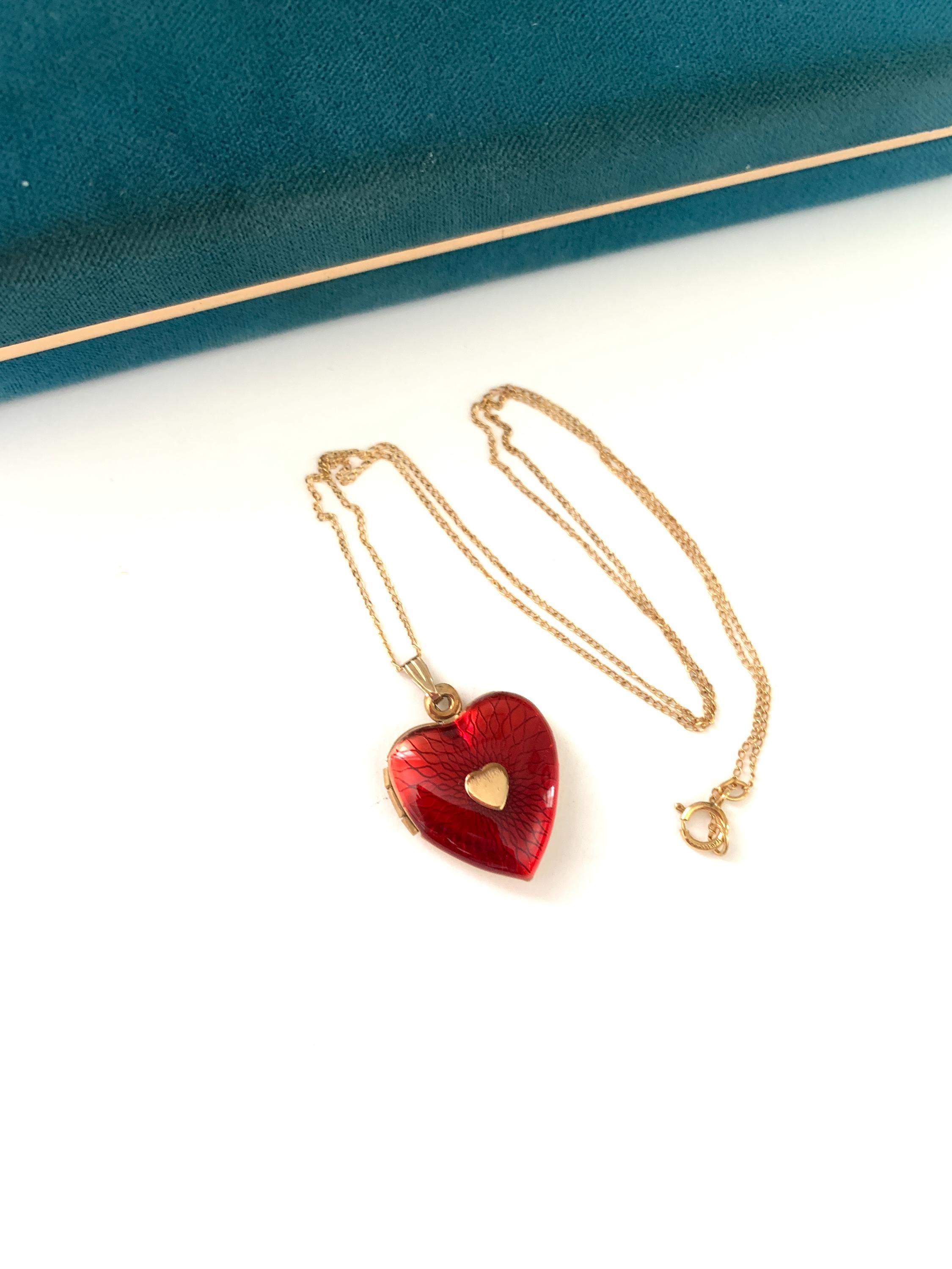 Ruby Heart Locket Vintage 14k Gold Filled Ruby Red Guilloche Enamel Heart Locket Necklace ...