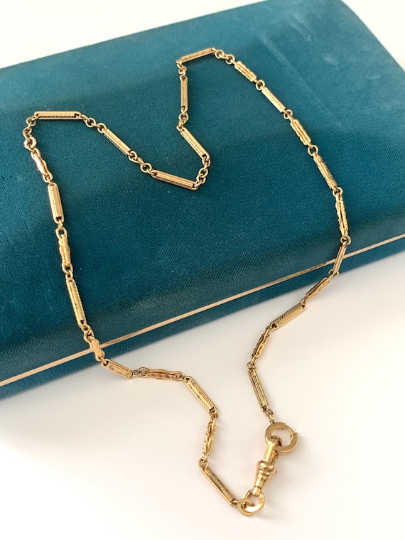 Vintage 18.5" Fancy Ornate Art Deco Bar Link Gold Filled Watch Chain, Antique Watch Chain Necklace Dog Clip Charm Holder Front Clasp