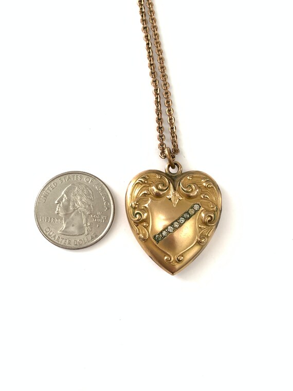 Vintage Art Deco Repousse Paste Gold Filled Heart… - image 5