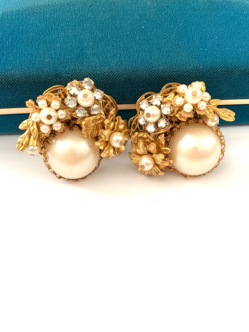 Vintage Plated Gold Filigree Pearl Clip Earrings Etsy