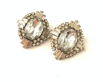 Vintage Large Clear Rhinestone Star Earrings, Deco Clear Rhinestone Earrings, Costume Jewelry