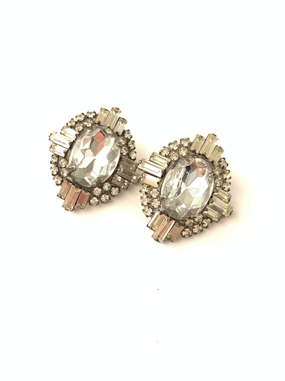 Vintage Large Clear Rhinestone Star Earrings, Deco