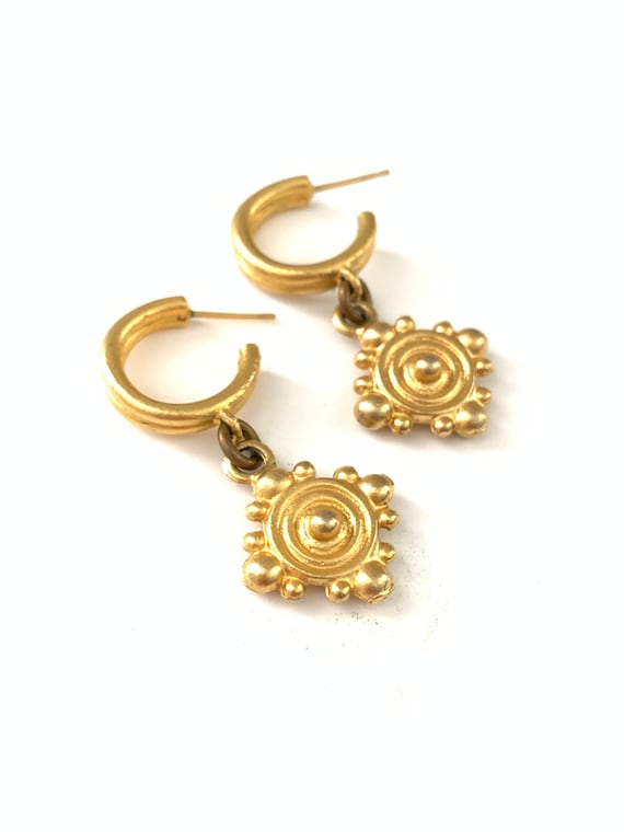 Vintage Matte Gold Plated Etruscan Inspired Swirl Coin Dangle Drop Earrings  Double Swirl Coin Dangle Earrings  Dainty Matte Plated Gold