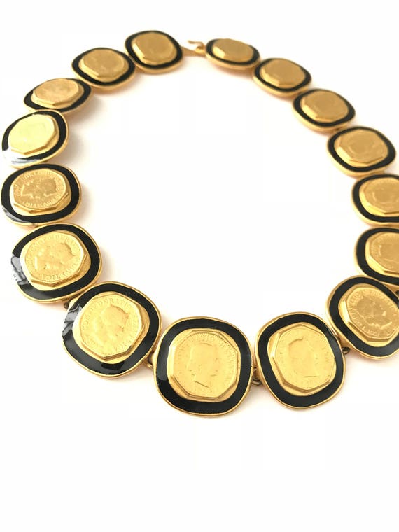 Gorgeous Vintage Gold Plated Enamel Coin Statement