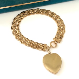 Vintage Yellow Gold Filled Woven Curb Chain Heart Locket Bracelet, Antique Gold Heart Locket Bracelet, Anniversary Gift, Keepsake