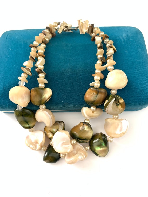Vintage Mother of Pearl Bib Necklace, Chunky Moth… - image 1