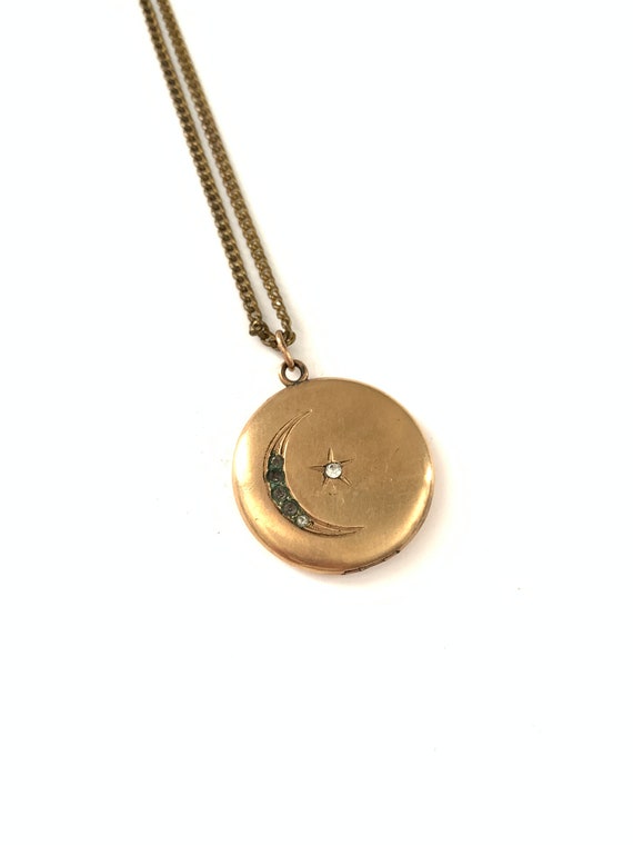 Vintage Antique Crescent Moon and Star Paste Locket Necklace // Vintage Crescent Moon Star Locket //Vintage Locket // Moon Locket