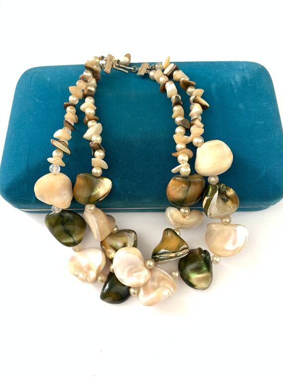 Vintage Mother of Pearl Bib Necklace, Chunky Moth… - image 2