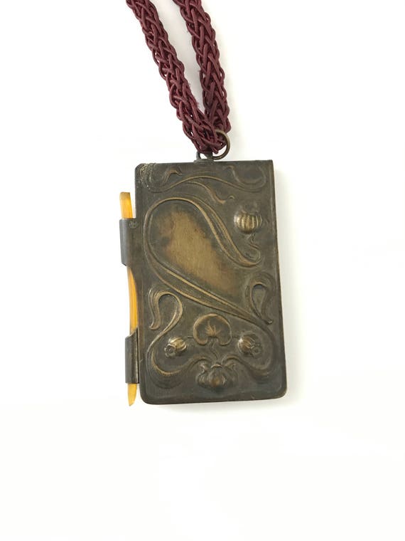 Antique Art Nouveau Chatelaine Dance Card Notepad Pendant Necklace