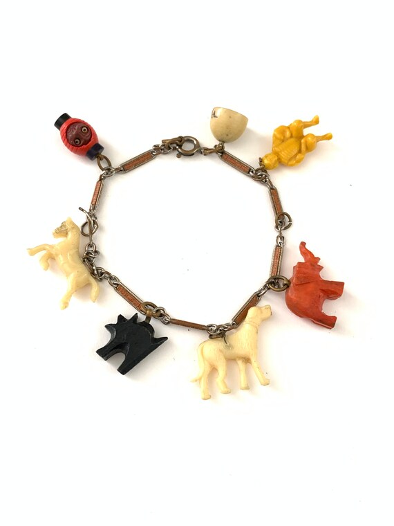 Vintage Celluloid Charm Bracelet on Enamel Watch … - image 4