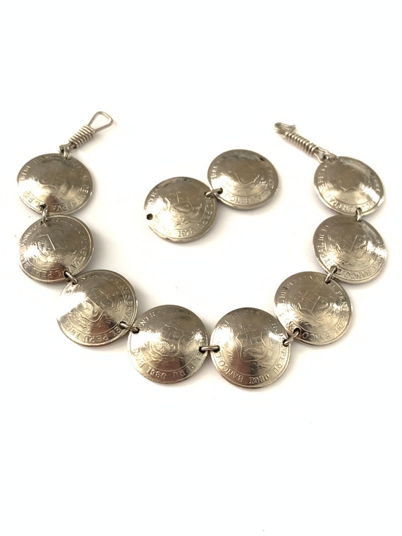 Vintage Coin Link Bracelet, Silver Plated Coin Br… - image 2