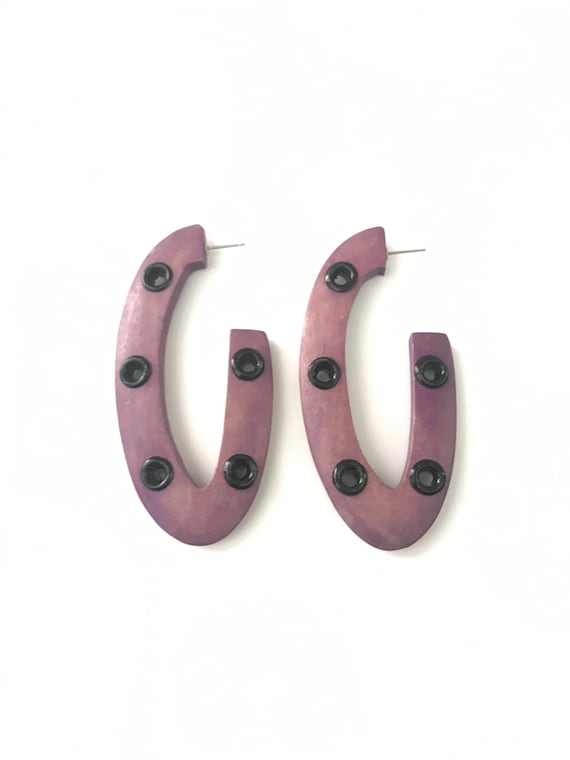 HUGE Vintage 1980s Wood Grommet Studded Hoop Earr… - image 1