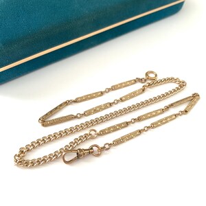 Vintage 19.25&quot; Art Deco Decorative Bar Link Watch Chain Necklace For Charms, Antique Rolled Gold Plated Albert Watch Chain Necklace