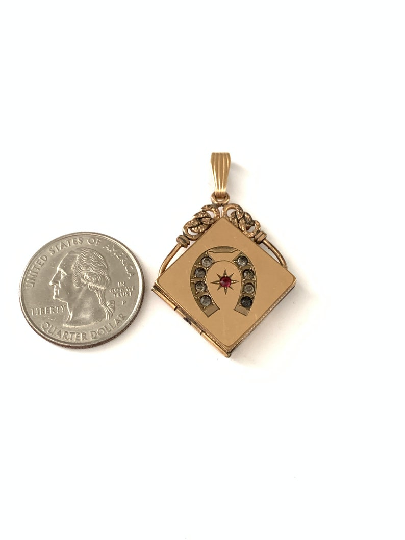 Heirloom Jewelry Keepsake Locket Pendant Antique Victorian Gold Filled Star Burst Horse Shoe Locket Pendant