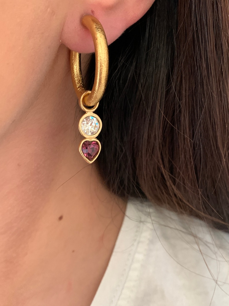 Vintage Plated Gold Rhinestone Heart 90s Earring Charms, Gold Plated Interchangeable Charm Earrings // Interchangeable Earrings image 1