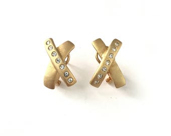 Vintage Matte Gold Plated X Mark Rhinestone Striped Earrings