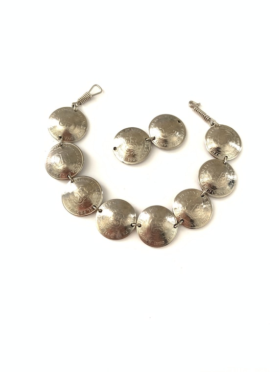 Vintage Coin Link Bracelet, Silver Plated Coin Br… - image 1