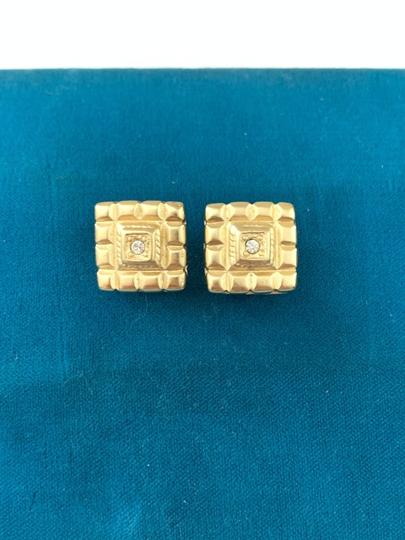Vintage Gold Tone Quilted Carved Square Stud Earri