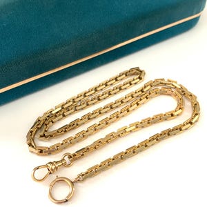 Vintage 20.5&quot; Yellow Gold Filled Biker Chain Watch Chain Necklace with Dog Clip Clasp, Thick Boston Link Watch Chain Front Clasp Necklace
