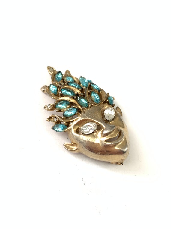 Vintage REJA Gold Plated Aqua Blue Rhinestone Fac… - image 2