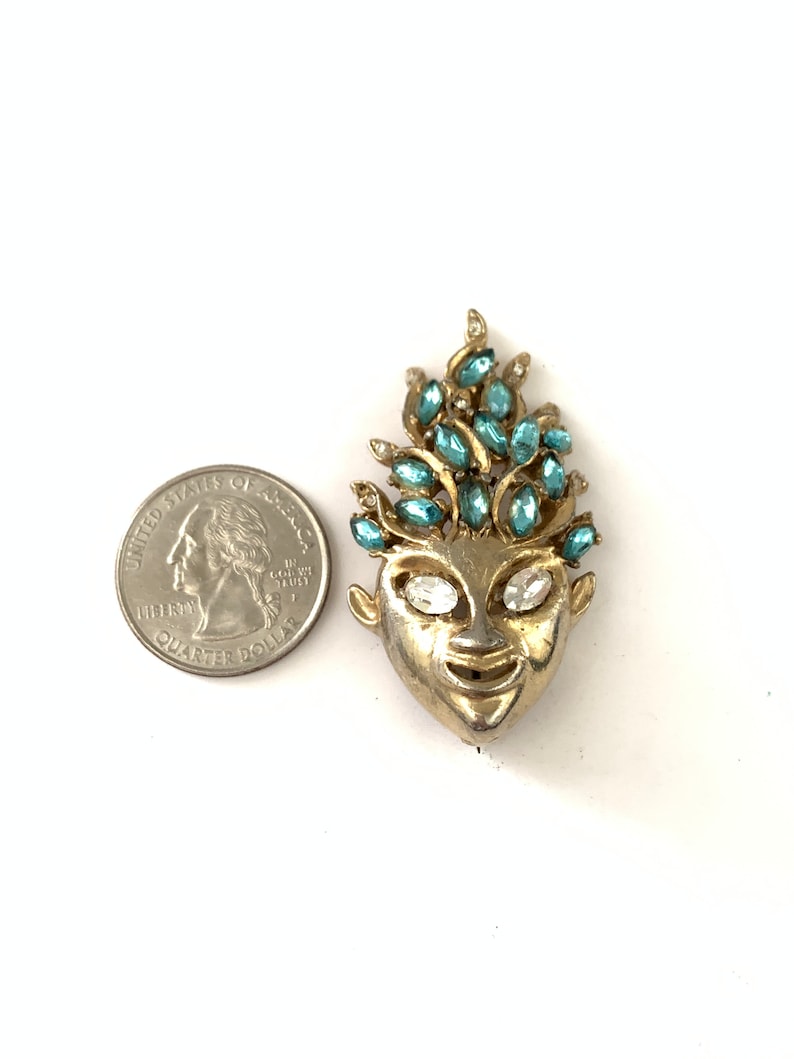Vintage REJA Gold Plated Aqua Blue Rhinestone Face or mask brooch, Face Figural Brooch, Reja Brooch Pin image 6