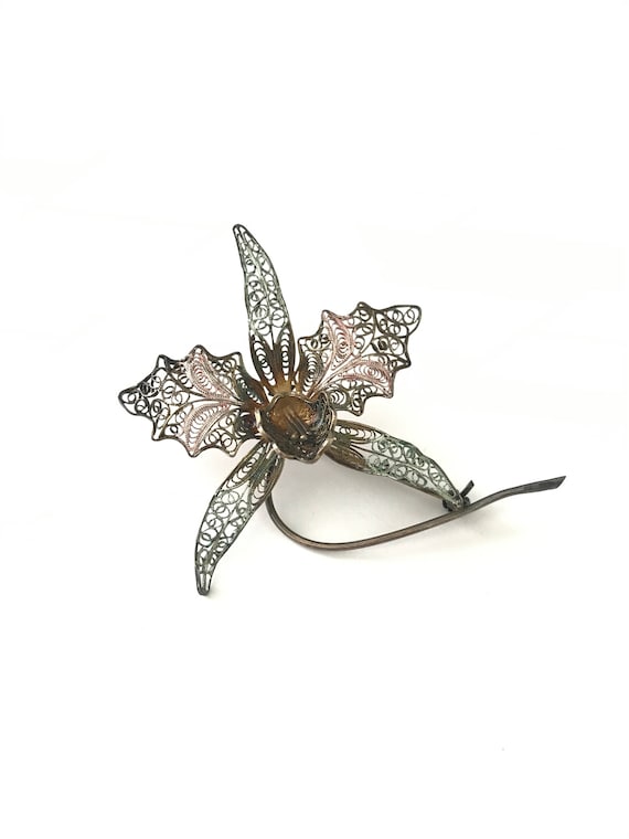 Antique 800 Silver and Filigree Flower Brooch - image 1
