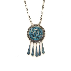 Vintage Mexican Sterling Silver Crushed Turquoise Pendant Brooch Pin, Sterling Box Chain Necklace