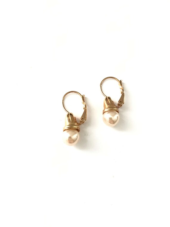 Vintage Gold Plated Bell Capped Faux Pearl Drop L… - image 3