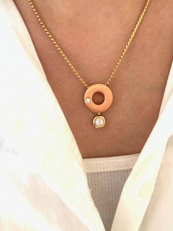 Vintage Designer Signed DAVID GRAU Two Tone Gold Plated Solitaire Necklace