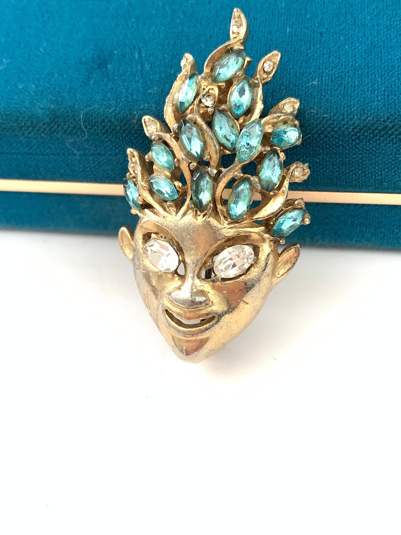 Vintage REJA Gold Plated Aqua Blue Rhinestone Face or mask brooch, Face Figural Brooch, Reja Brooch Pin image 1