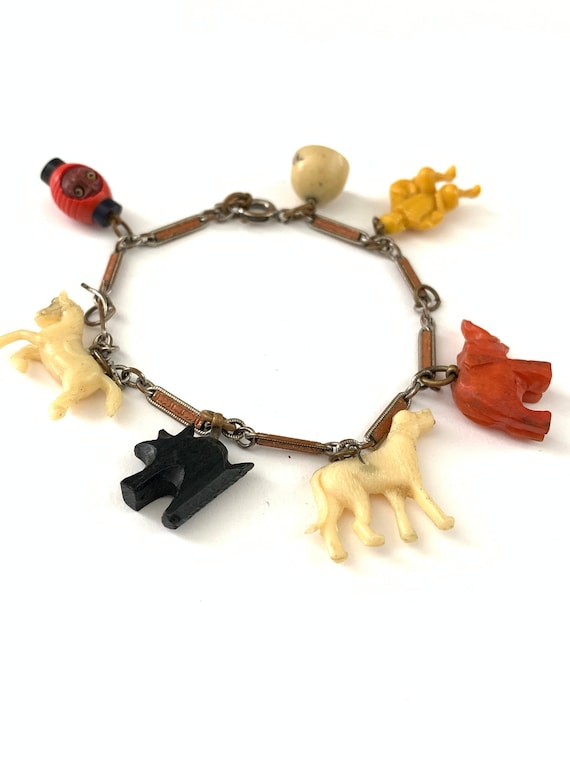 Vintage Celluloid Charm Bracelet on Enamel Watch … - image 1