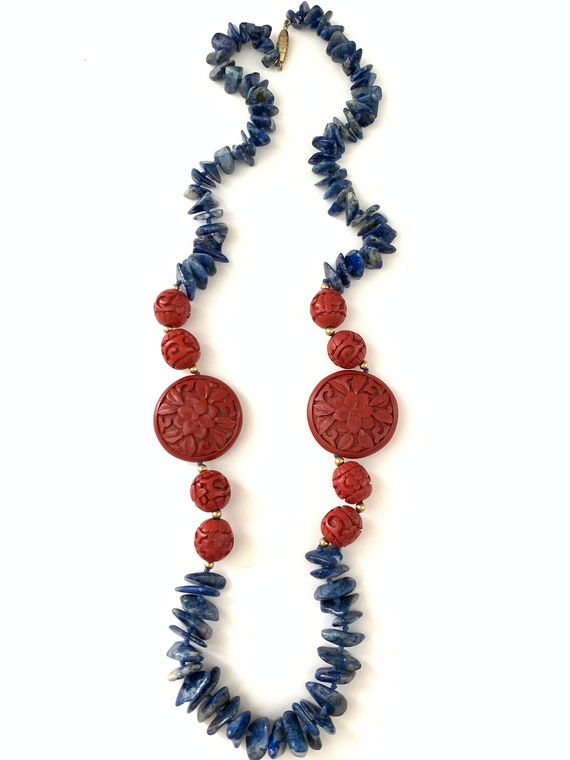 Vintage Beaded Blue Chip Red Cinnabar Necklace - image 5