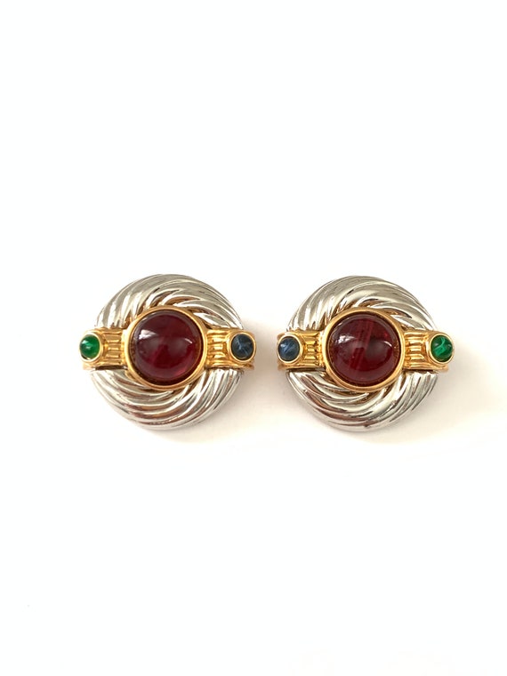 Vintage Two Tone Jewel Clip On Earrings, Vintage … - image 2