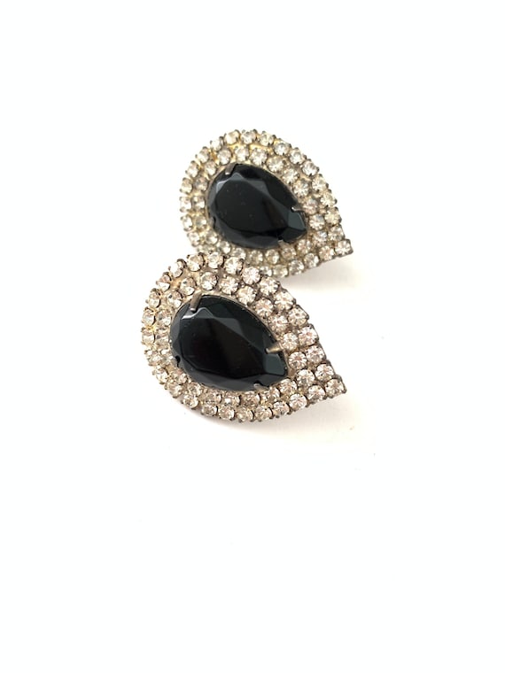Vintage Black and Clear Pave Rhinestone Earrings,… - image 1