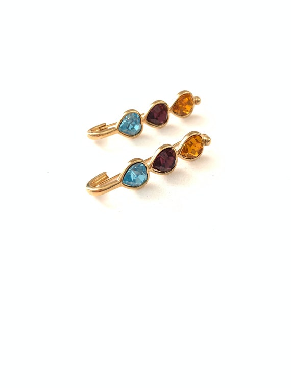 Vintage Safety Pin Heart Earrings, Rhinestone Heart Gold Tone Earrings