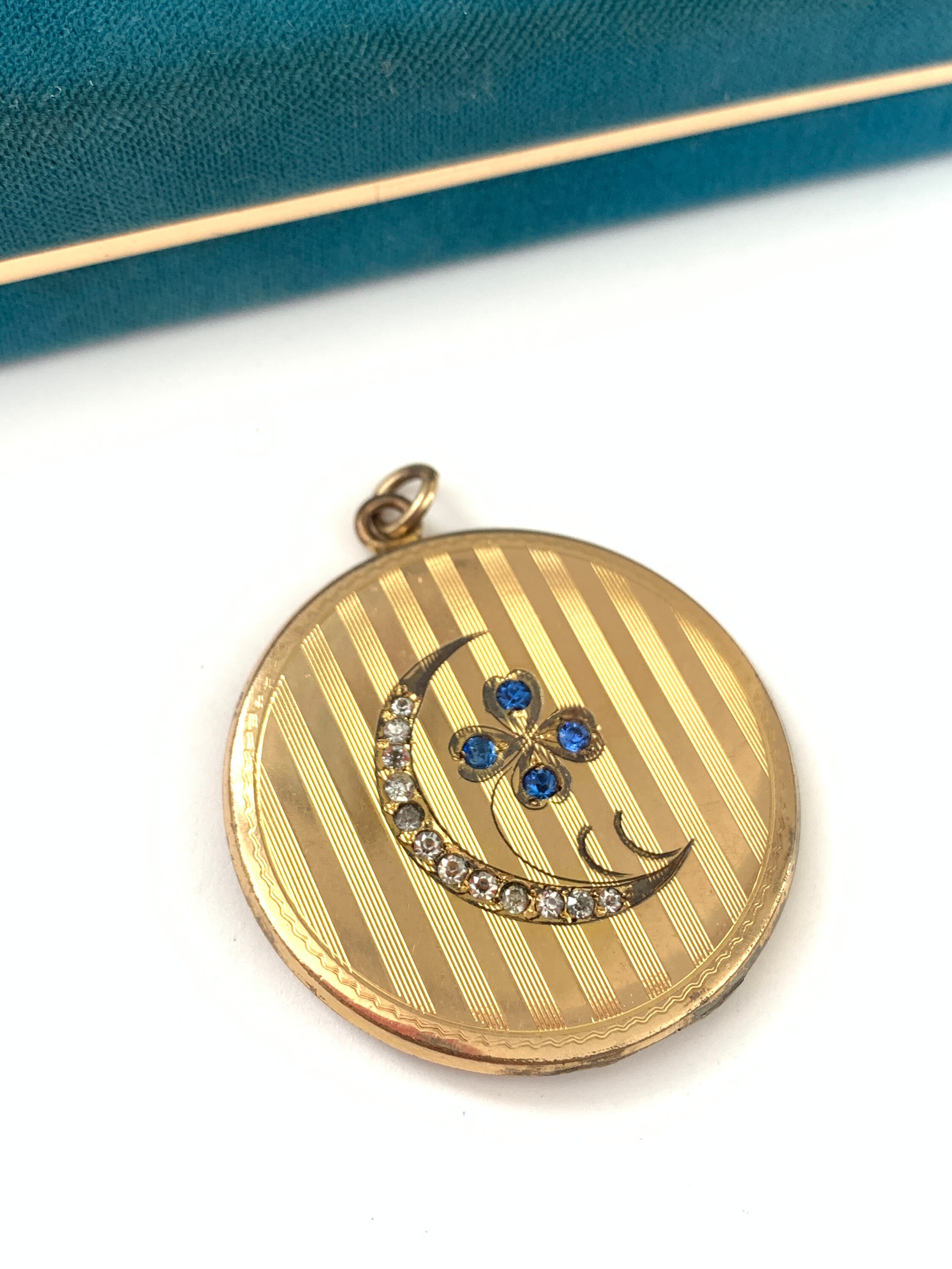 Antique Large Victorian Crescent Moon Lucky Clover Locket, Vintage Gold ...