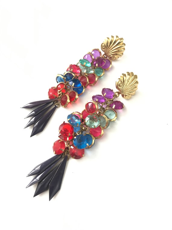 Vintage Colorful Plastic Bezel Statement Earrings - image 1