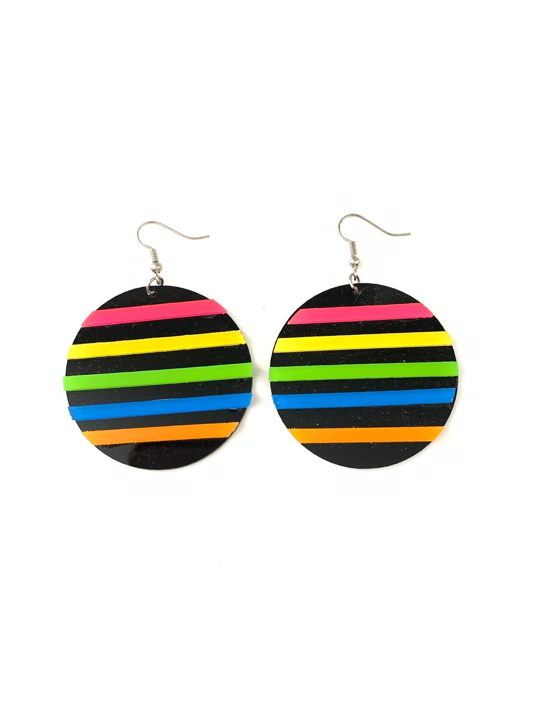 Big Vintage Neon Rainbow Stripe Dangle Drop Earrings