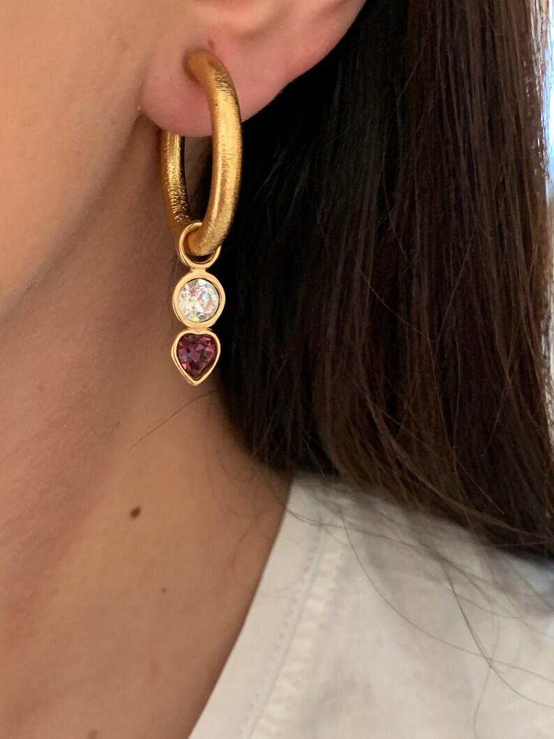 Vintage Plated Gold Rhinestone Heart 90s Earring Charms, Gold Plated Interchangeable Charm Earrings // Interchangeable Earrings image 5