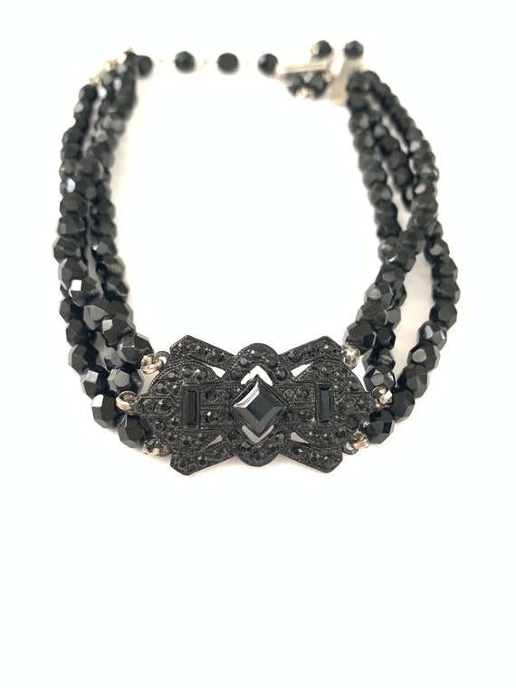 Vintage Black Rhinestone Art Deco Beaded Choker N… - image 2