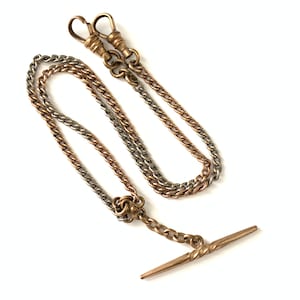 Vintage Art Deco Gold Filled Two Tone Curb Chain , Vintage Two Tone Watch Chain Curb Link T Bar, Pocket Watch Chain Curb Chain
