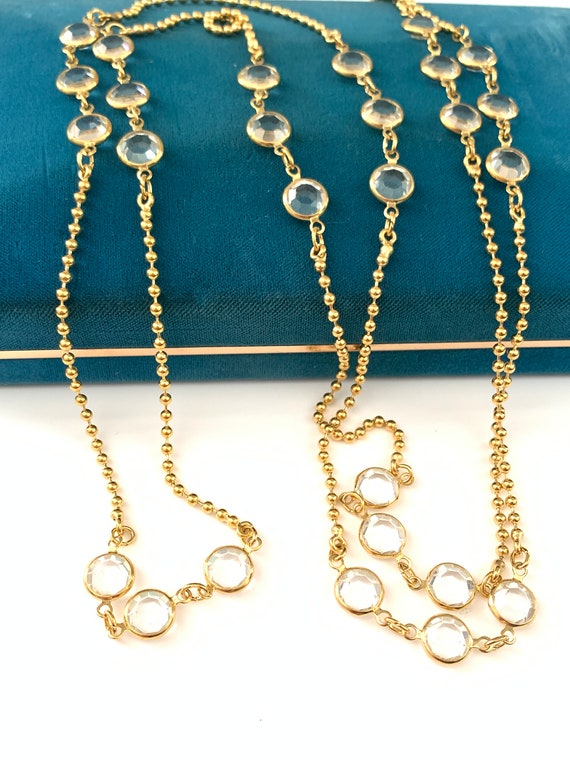 Vintage Plated Gold Clear Bezel Station Necklace … - image 5