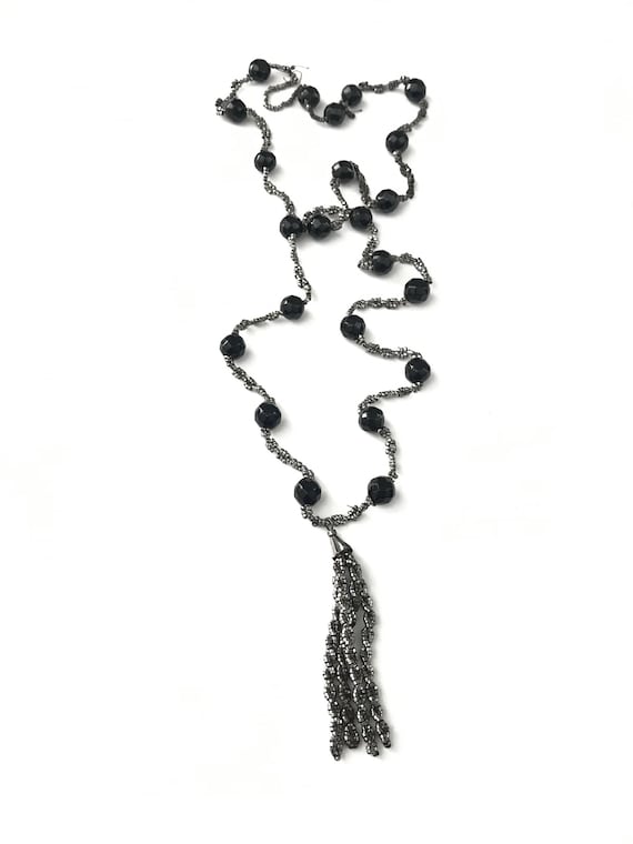 Antique Cut Steel & Whitby Jet Tassel Necklace - image 1