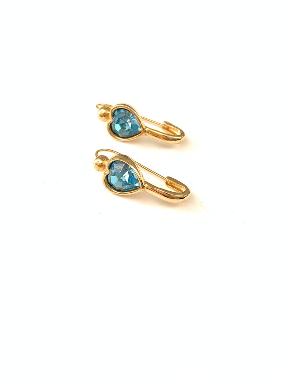 Vintage Safety Pin Style Blue Crystal Heart Earrin