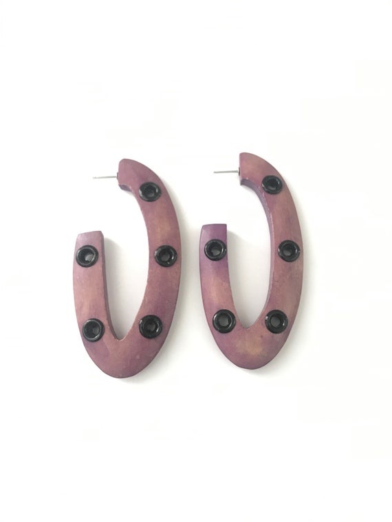 HUGE Vintage 1980s Wood Grommet Studded Hoop Earr… - image 2