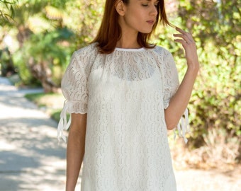 White Eyelet Dress, Loose Dress, Dress with Pockets, Short White Dress, Short Wedding Dress, White Shift Dress, Short Sleeve Dress, Sundress