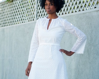 White Midi Dress, Long Sleeve Midi Dress, White Eyelet Dress, Midi Wedding Dress, Cotton Dress, Summer Wedding Dress, White Sundress